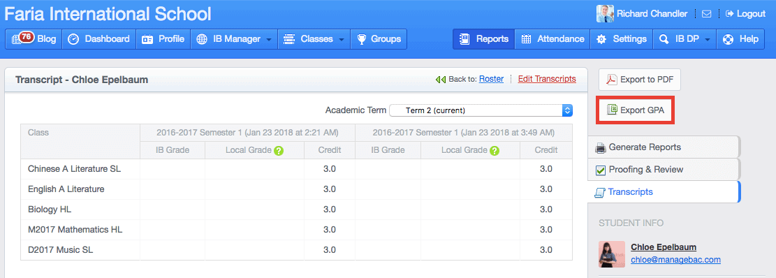 Transcripts Export GPA by student